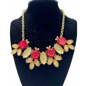 Gold Tone Red Orange Yellow Resin Stone Floral Statement Bib Necklace Adjustable